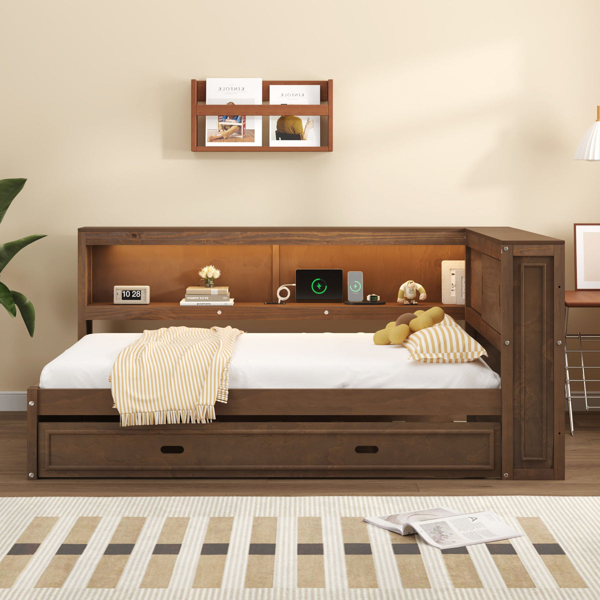 Daybed With Storage Shelves, LED, USB, And Trundle