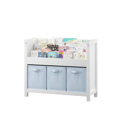 Bookshelf With 3 Tier Front Facing Storage And 3 Bins, Toddler Bookcase For Playroom - White