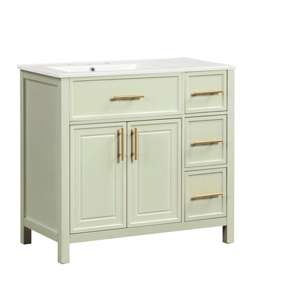 36" Bathroom Vanity With Sink, 2 Doors, 3 Drawers, Rectangular - White