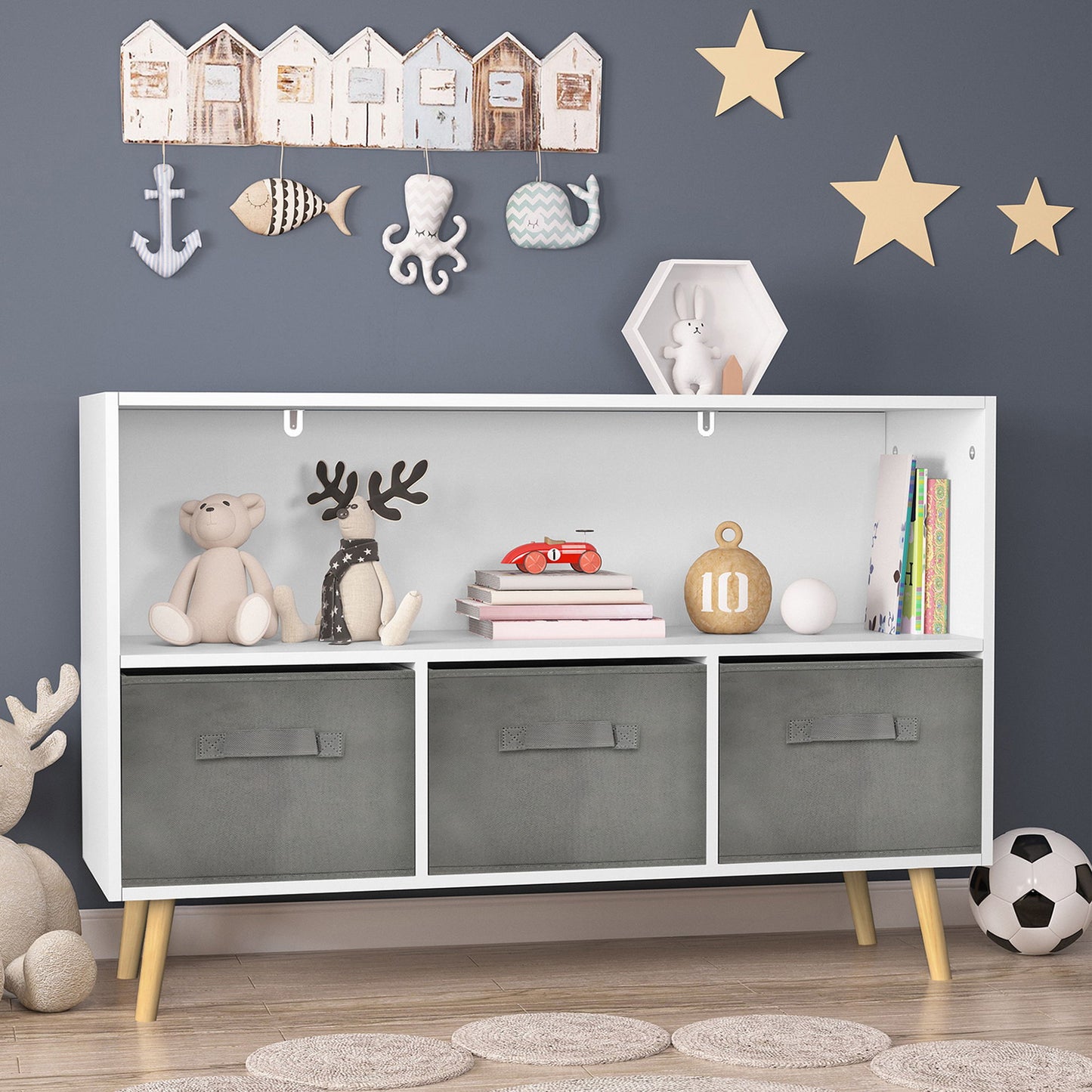 Bookcase With Collapsible Drawers, Book Display Organizer