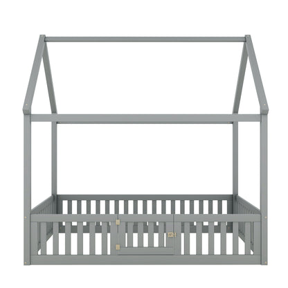 Wood House Bed With Fence And Door