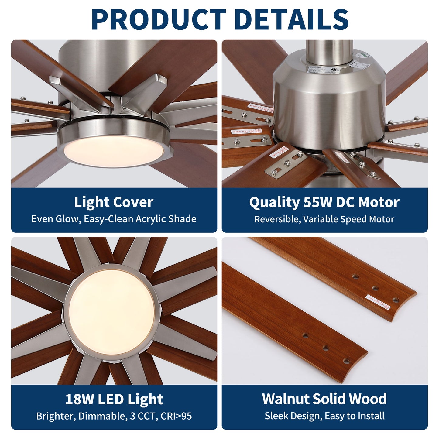 Oversized Large Ceiling Fan With Dimmable LED Light, 8 Blades, Remote Control