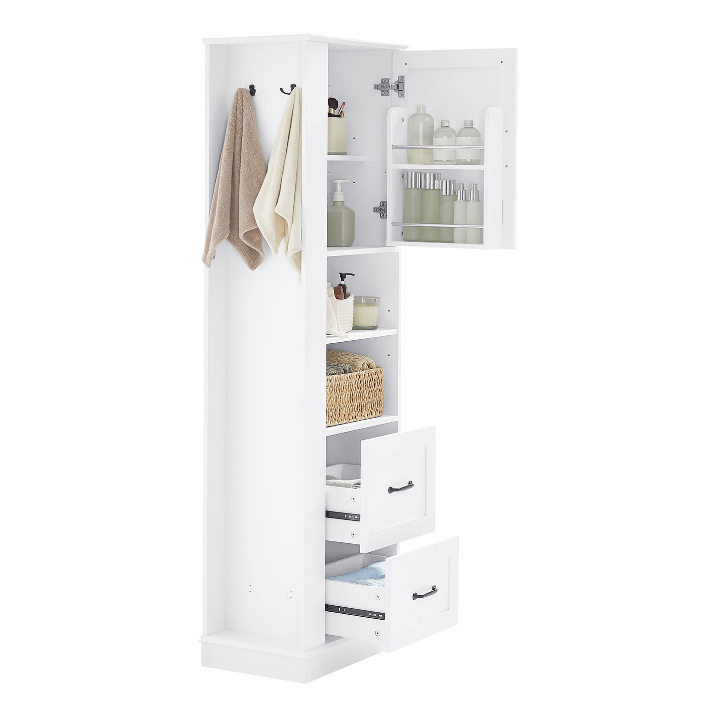 Freestanding Bathroom Storage Cabinet With Adjustable Shelves And Side Hooks Board, Rectangle Design