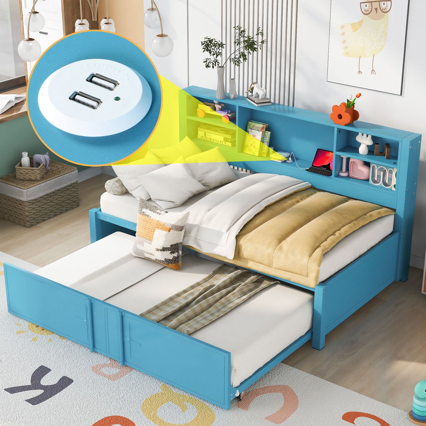 Industrial Metal Daybed With Trundle, Storage Shelves, USB Ports