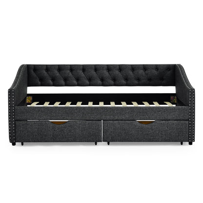 Upholstered Tufted Daybed With 2 Drawers, Waved Arms