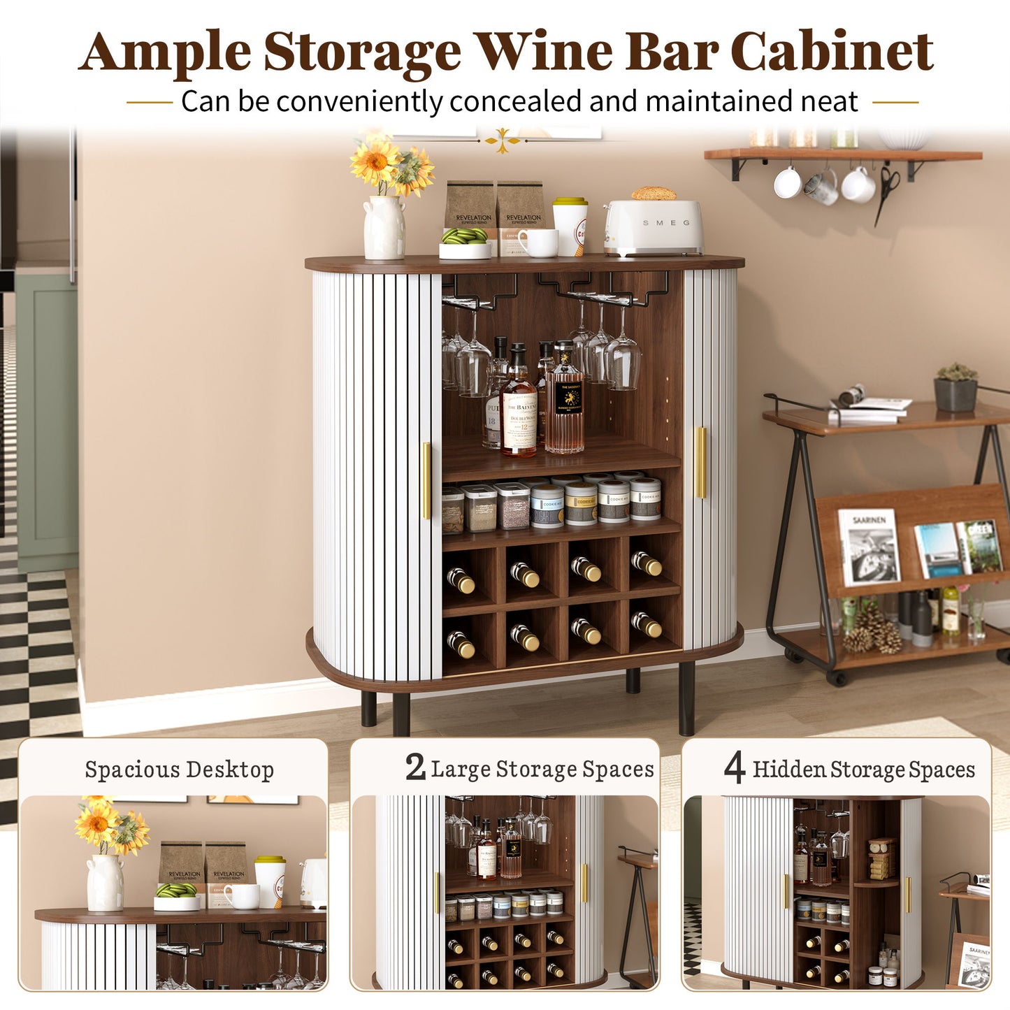 Fluted Wine Bar Cabinet With 8 Grid Wine Rack, 5 Level Adjustable Shelves, 2 Glass Holders