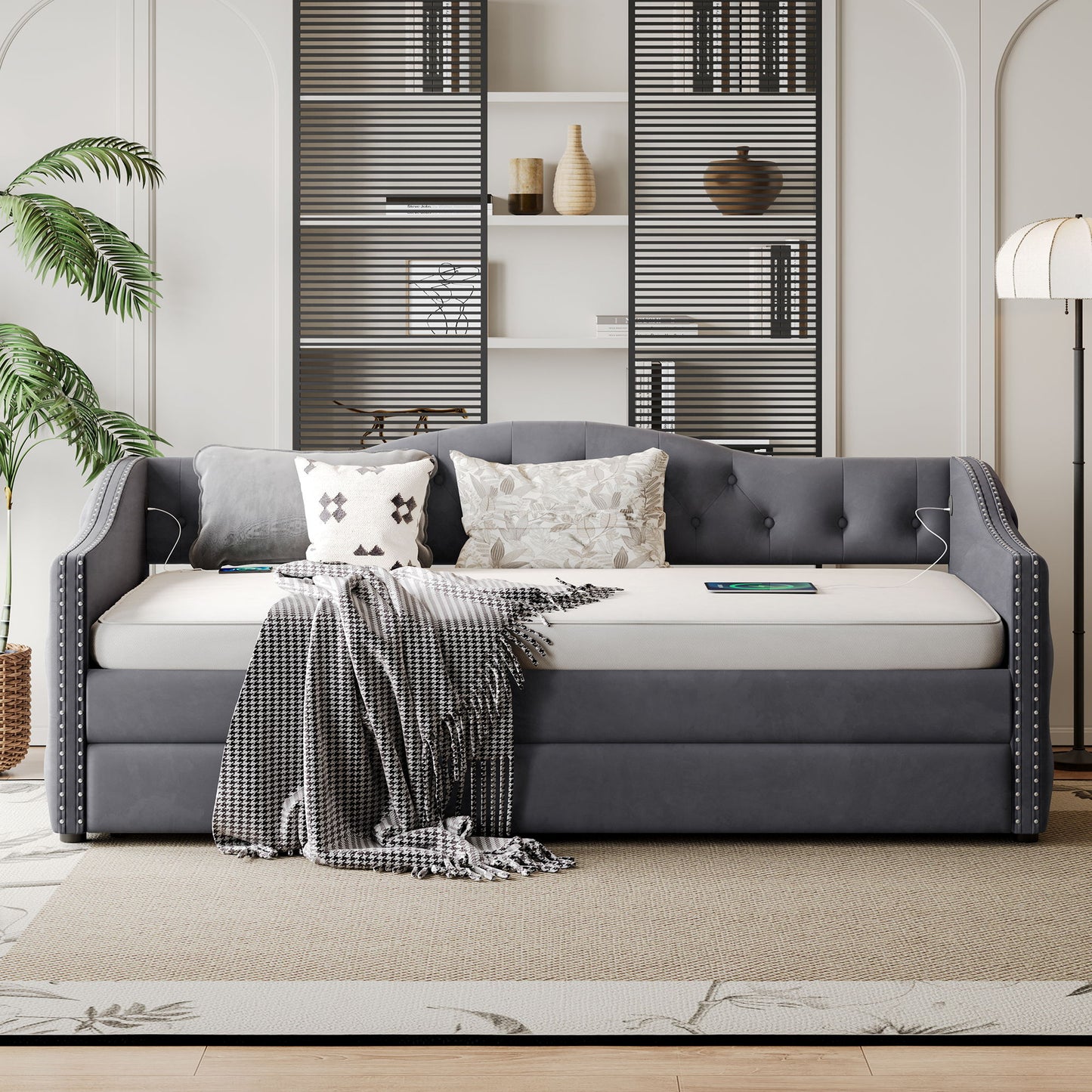 Twin Size Upholstered Daybed With Trundle And USB Charging Design For Bedroom - Gray