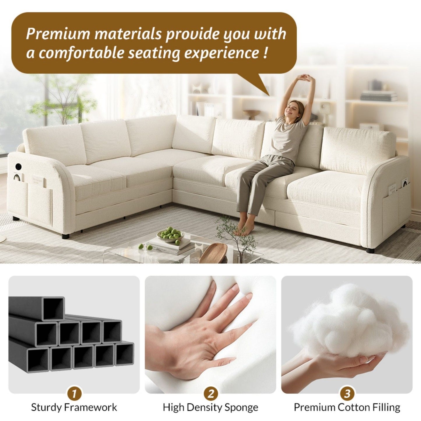 L-Shaped Couch With Pull-Out Bed, Convertible Sleeper Sofa With Side Pocket & USB Port