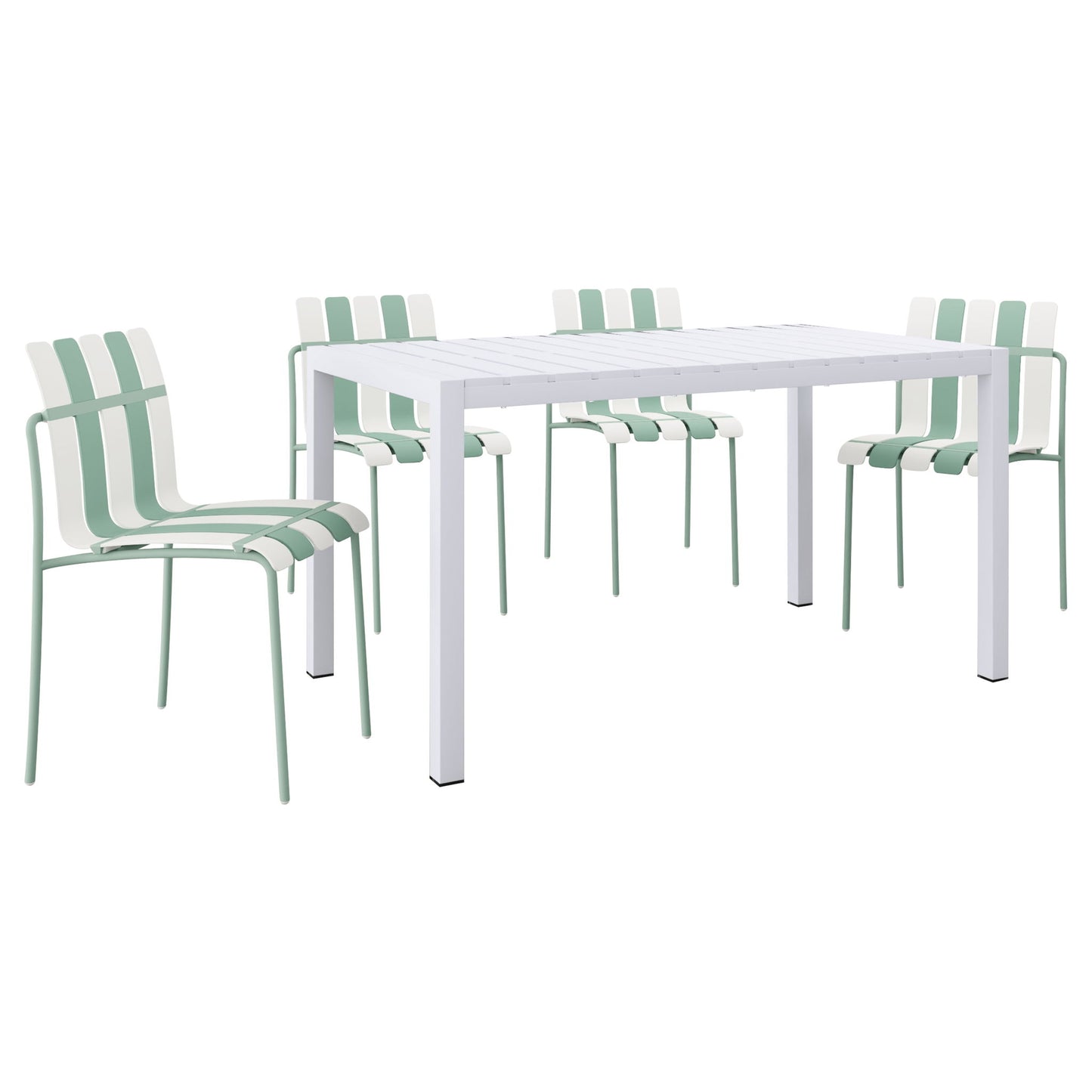 4 Piece Set Of Striped Color Blocking Single Chairs With Long Table - Cream White / Haze Green / White