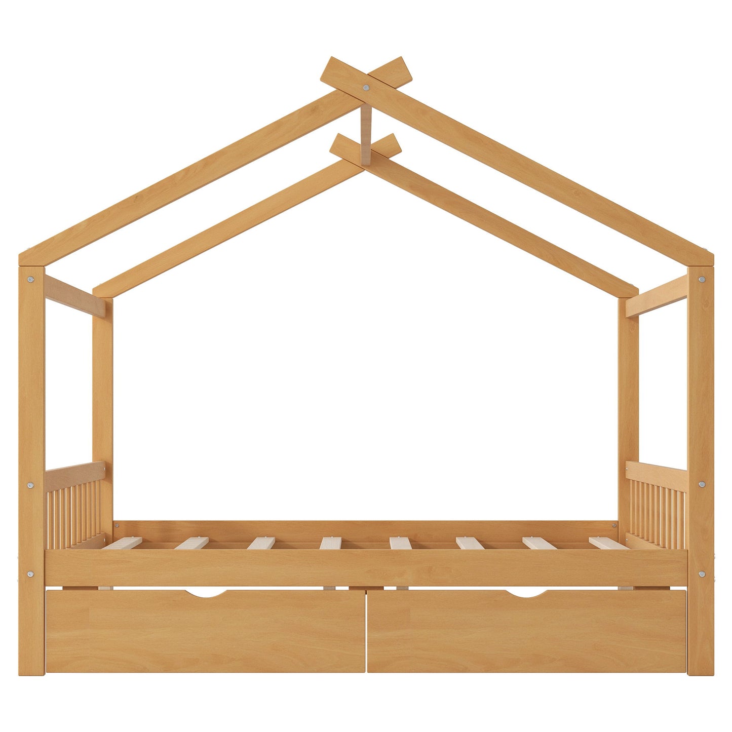 House Style Platform Bed With Headboard, Footboard, 2 Drawers, And Roof Design