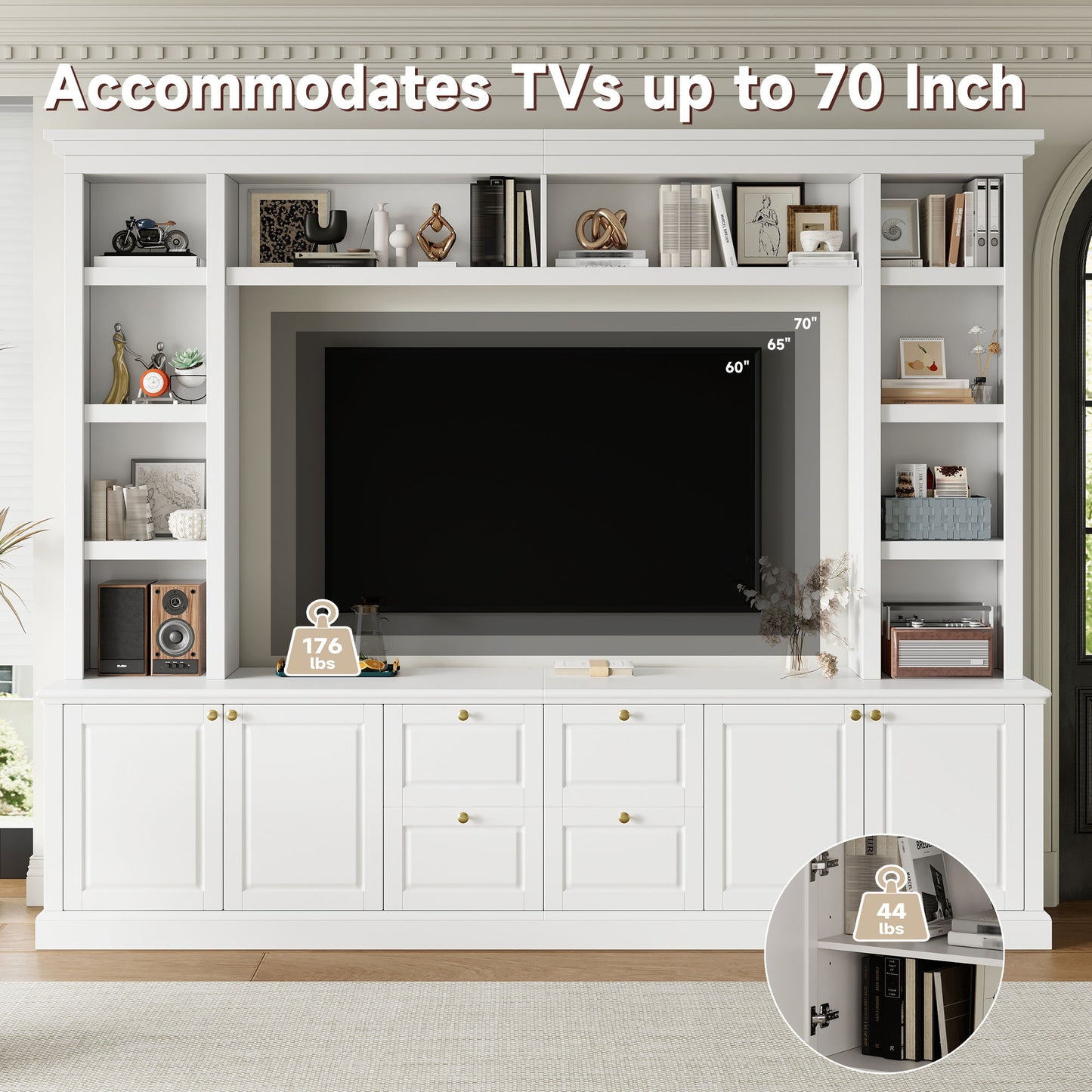 TV Stand With Bookcase, Storage Cabinet With 3 Adjustable Shelves, Living Room Entertainment Center - White