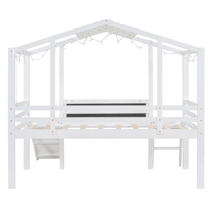 Loft House Bed With Ladder And Slide, With board And Light Strip On The Roof