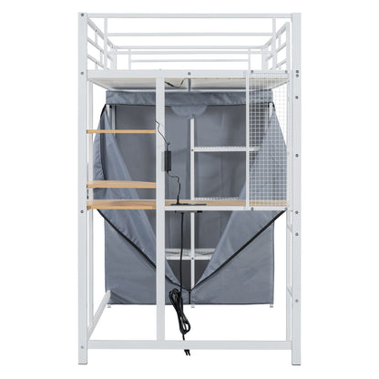 Loft Bed With Desk, Shelves, Power Outlet, LED Light And Wardrobe