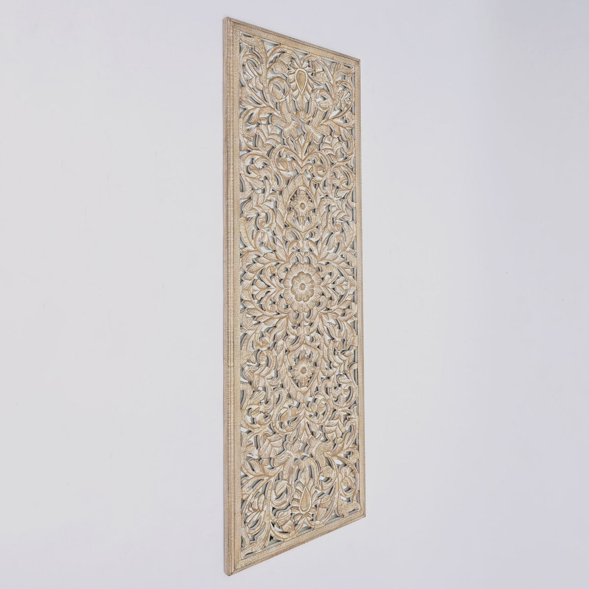 Floral Hand Carved Mandala Rectangle Wall Decor With Mirror - Antique Brown / White