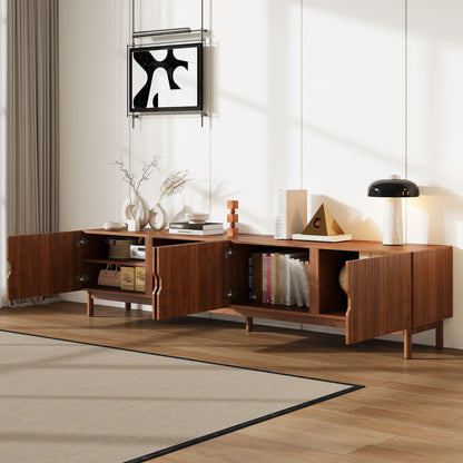 TV Stand With Legs, Media Console, 4 Cabinets For Living Room - Natural Wood