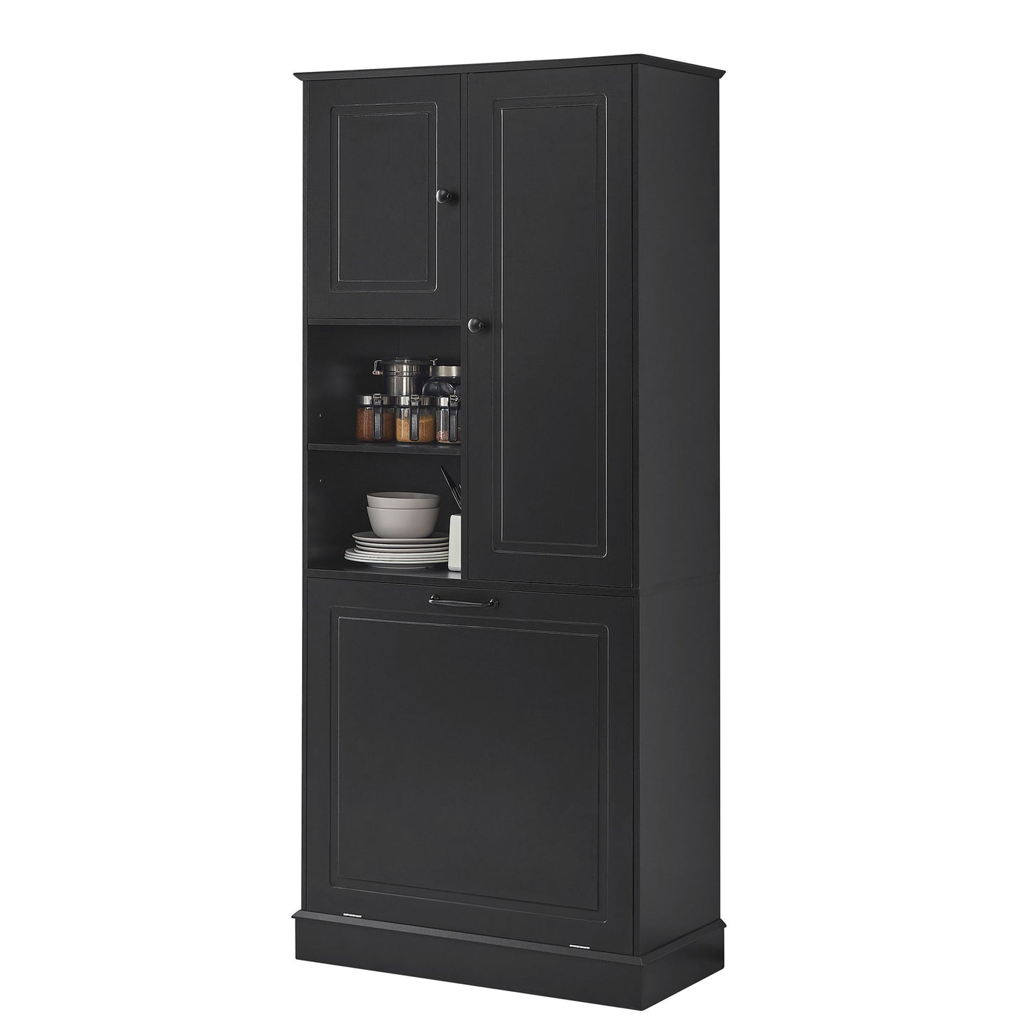 Modern Tall Storage Cabinet With Adjustable Shelves, Flip-Out Basket & Enclosed Doors