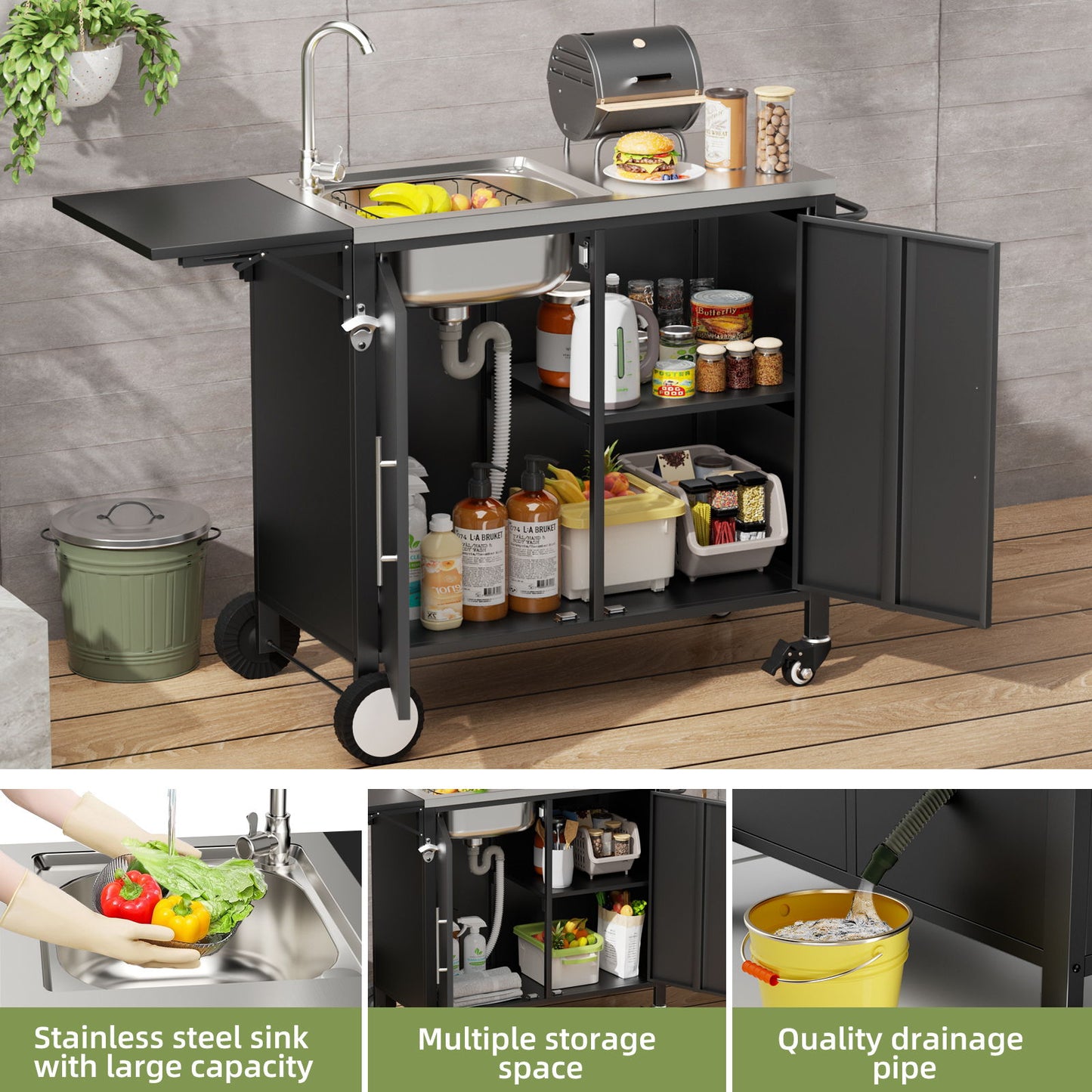 Outdoor Grill Table With Sink, Worktable Kitchen Cabinet Island With Wheels & Foldable Top - Black