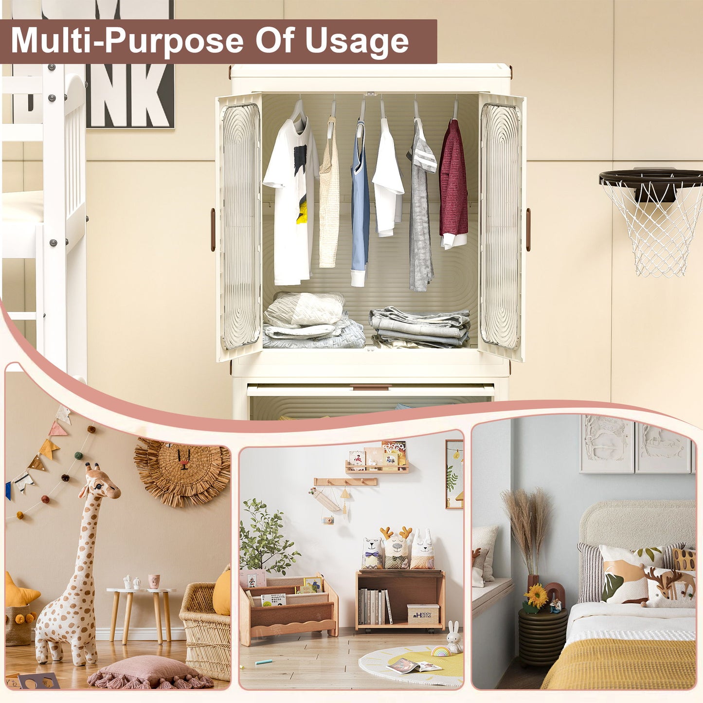 Portable Wardrobe Closet Storage Organizer With Magnetic Doors And Hanging Rod - Cream White