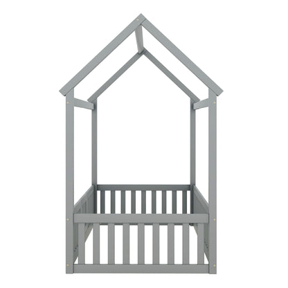 Wood House Bed With Fence And Door