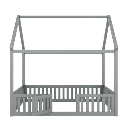 Wood House Bed With Fence And Door