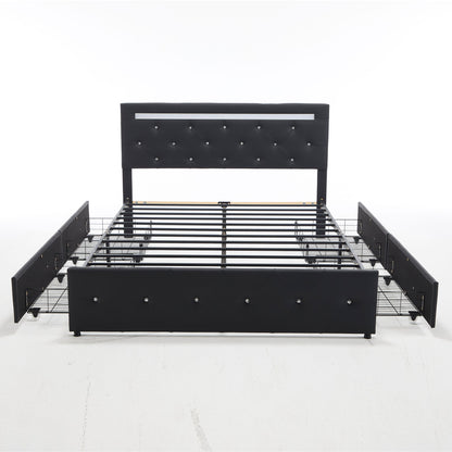 Upholstered Bed Frame With LED Lights, 4 Storage Drawers, Charging Station