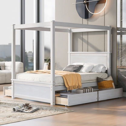 Canopy Platform Bed With Drawers, Support Slats, No Box Spring Needed