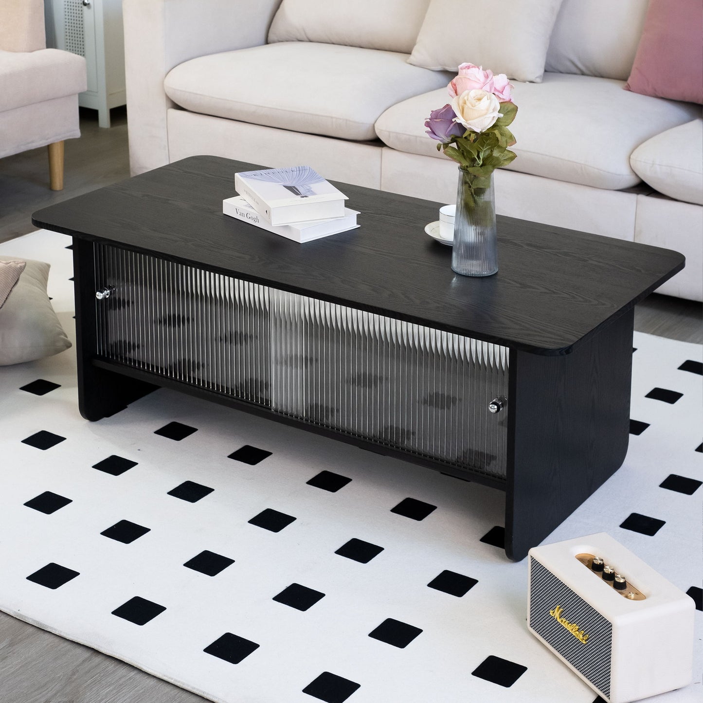 Rectangular Coffee Table With Sliding Door Storage Center