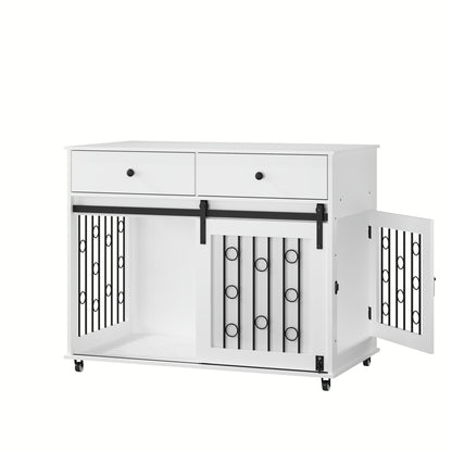 Dog Crate Furniture With Double Drawers And Sliding Barn Door, Pet Kennel For Small To Medium Dogs - White