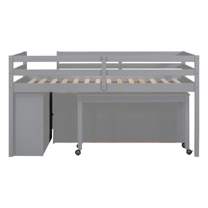 Loft Bed With Retractable Writing Desk And 4 Drawers, With Lateral Portable Desk And Shelves