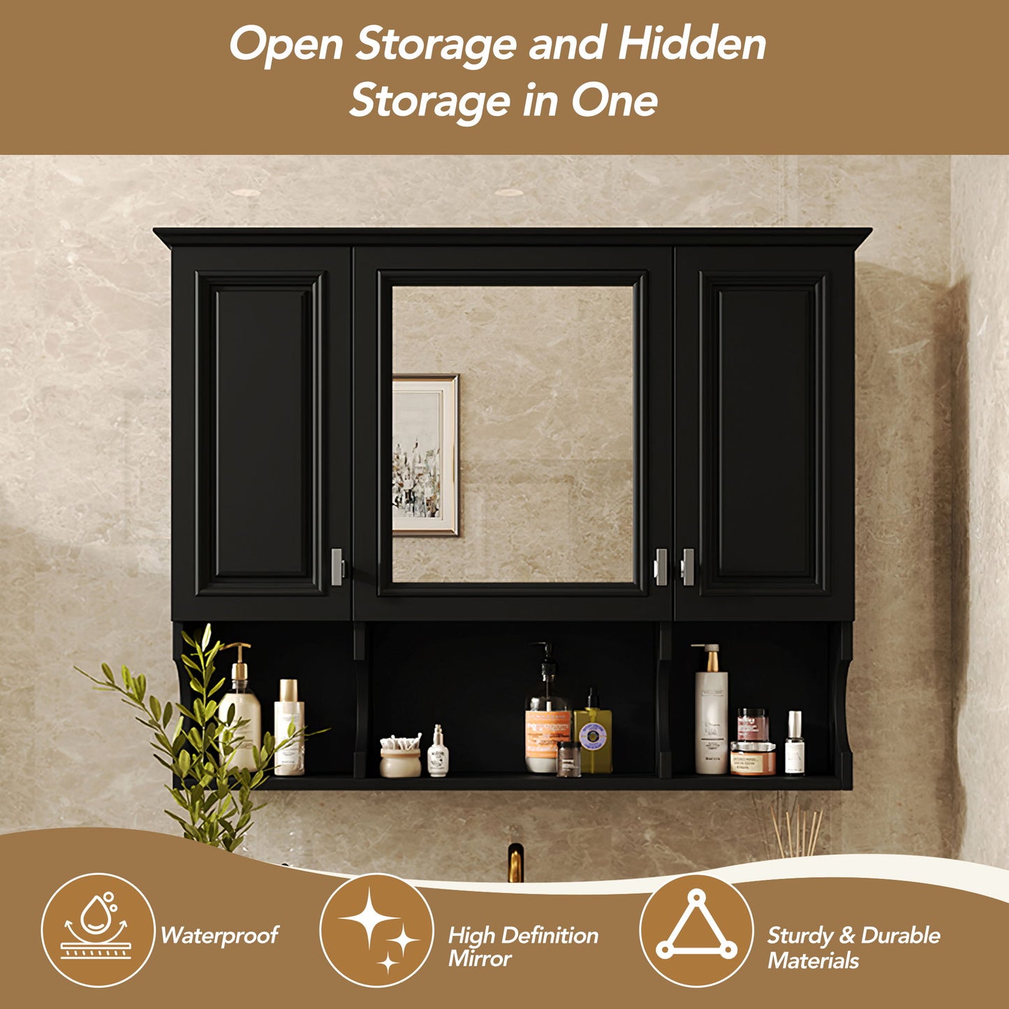 Wall Mounted Bathroom Medicine Wall Cabinet With Mirror & Open Shelves