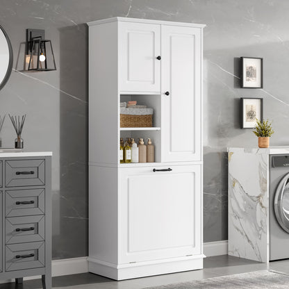 Modern Tall Storage Cabinet With Adjustable Shelves, Flip-Out Basket & Enclosed Doors