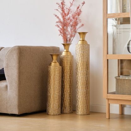 Metal Decorative Vases High Distress Metal Center Vases With Growing Vine Patterns, (Set of 3) Vases For Home Decoration - Gold