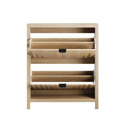 Entryway Shoe Cabinet With Vertical Carved Panels - Oak