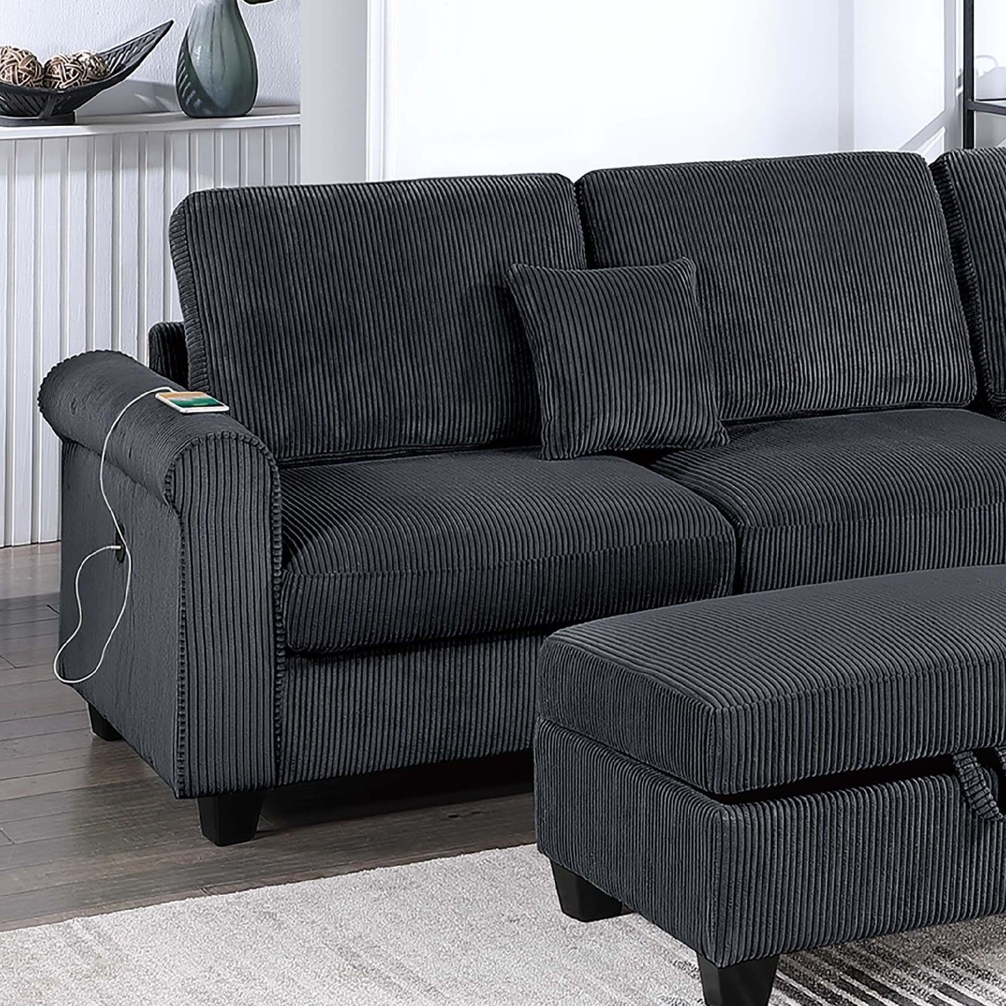 Contemporary Sectional Set With Right Arm Chaise, Left Arm Sofa With USB Port, Storage Ottoman