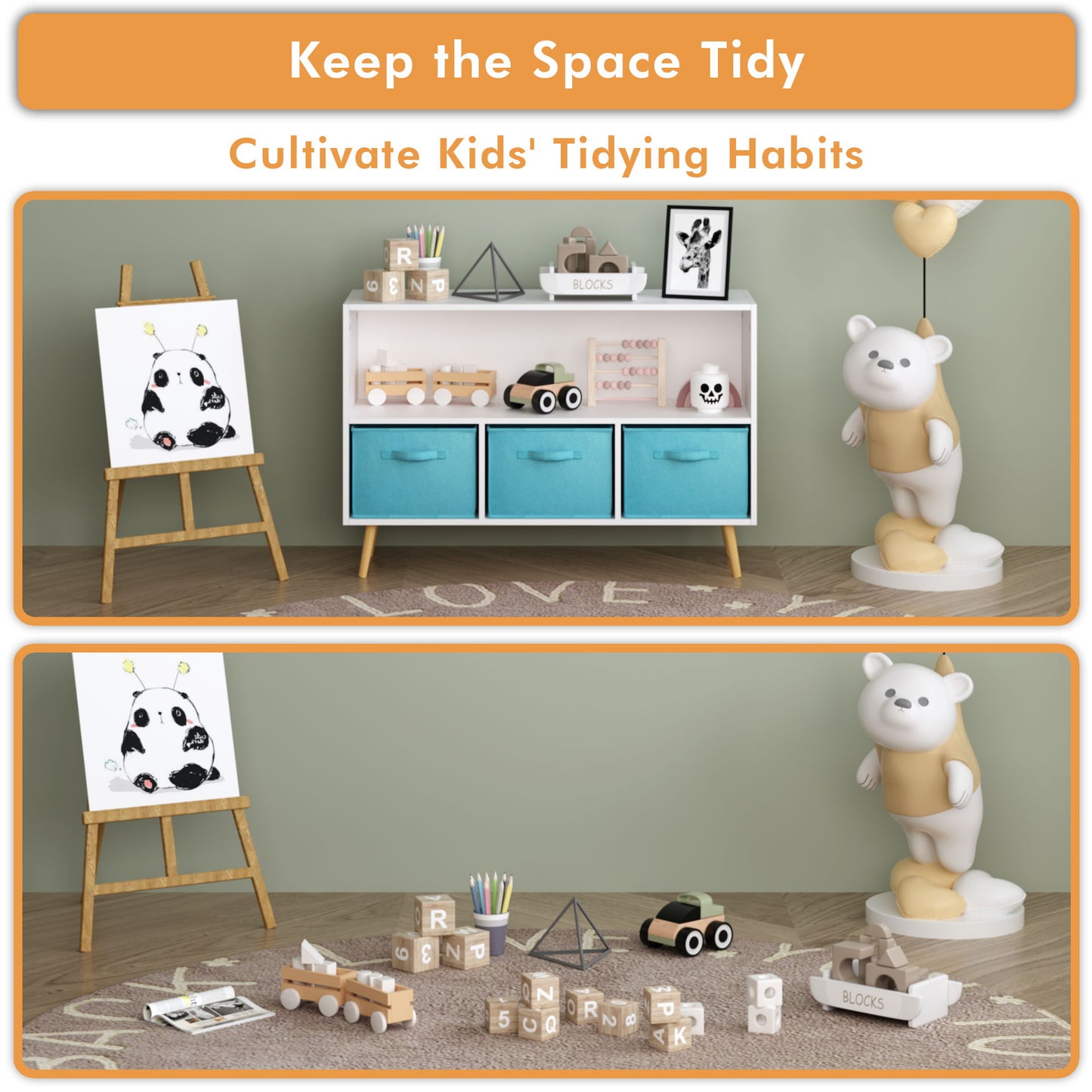 Bookcase With Collapsible Drawers, Book Display Storage Cabinet Organizer - White / Blue