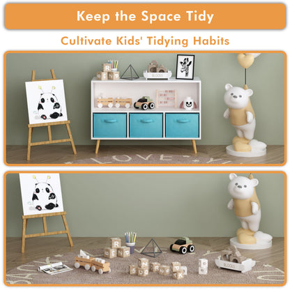 Bookcase With Collapsible Drawers, Book Display Storage Cabinet Organizer - White / Blue