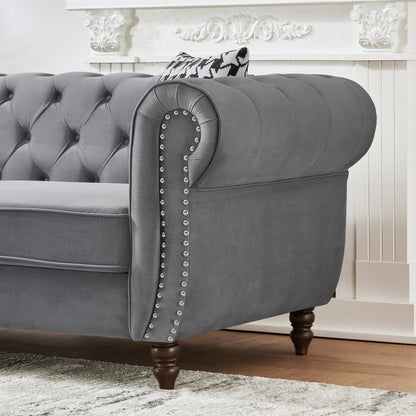 Chesterfield Upholstery Fabric Sofa With Roll Armrest & Nailhead, Mid Century Modern 3 And 3 Seater Couch