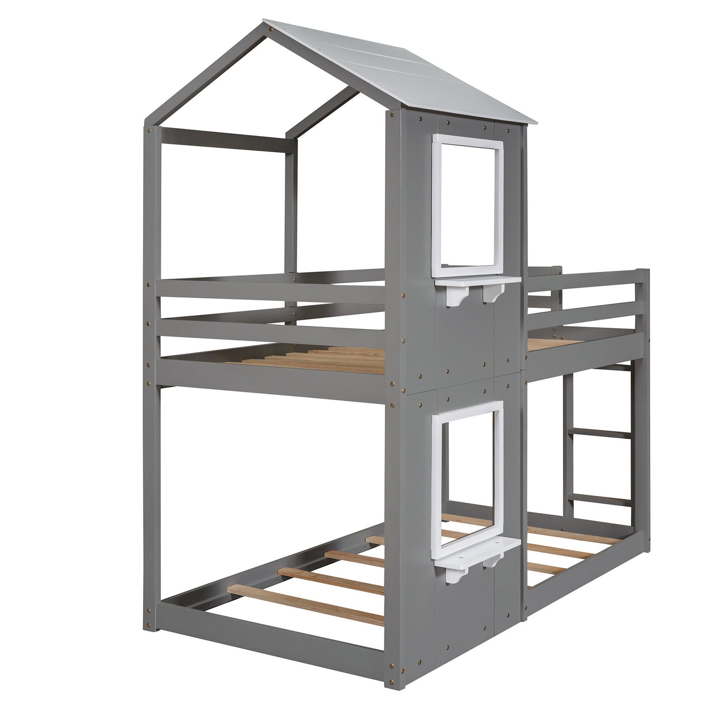 Bunk Bed Wood Bed & Roof, Window, Guardrail, Ladder
