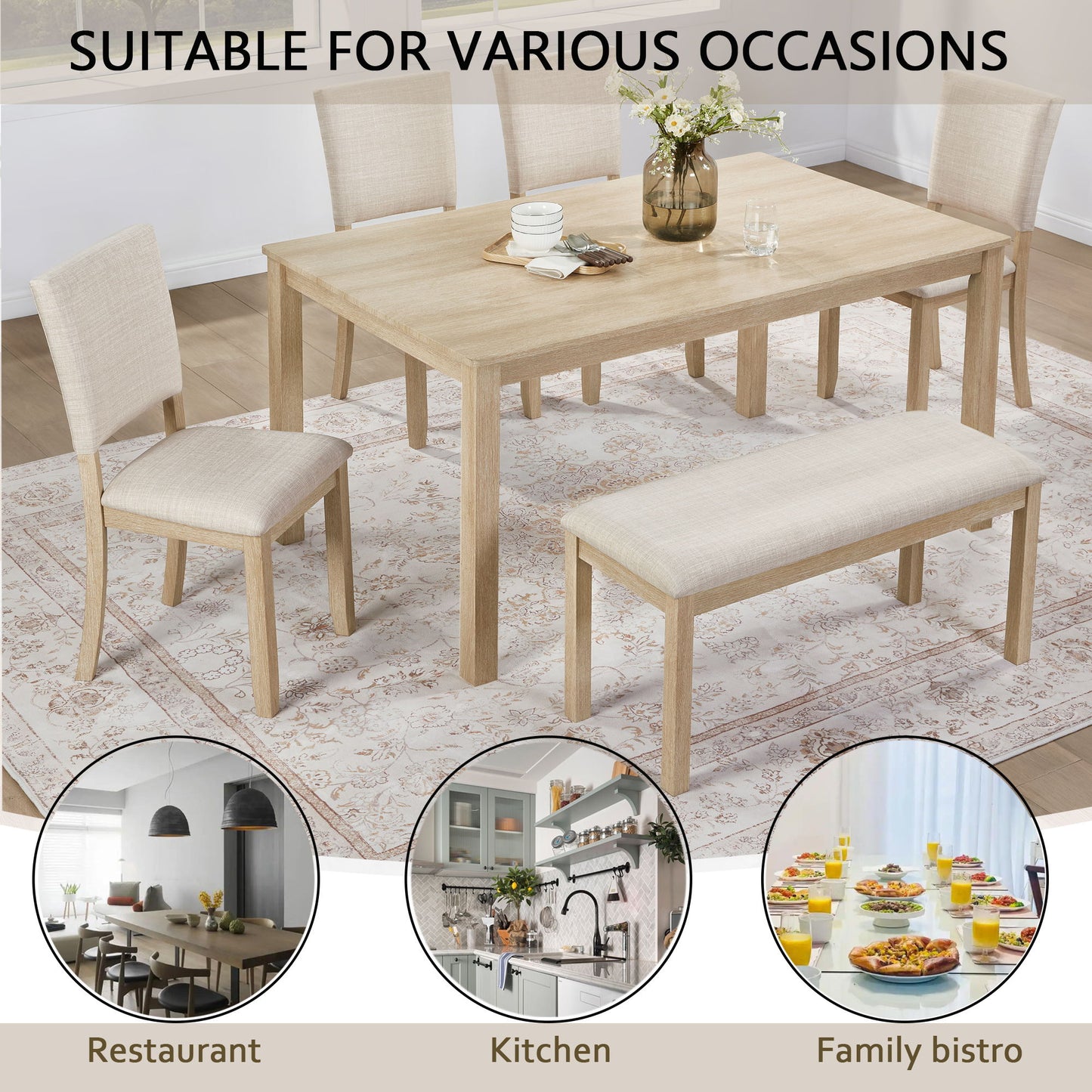 6 Piece Dining Table Set With Bench - Beige / Light Oak