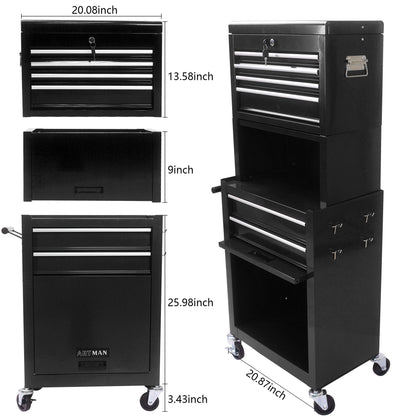 6 Drawer Lockable Tool Cabinet On Wheels, Steel Rolling Tool Chest With Detachable Toolbox