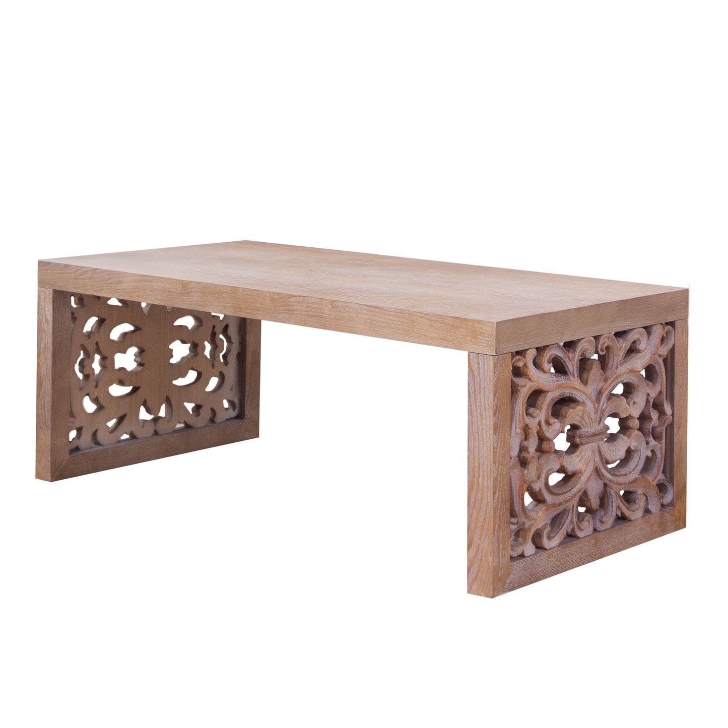Rustic Carved Wood Coffee Table, Handcrafted Look With Ornate Side Panels