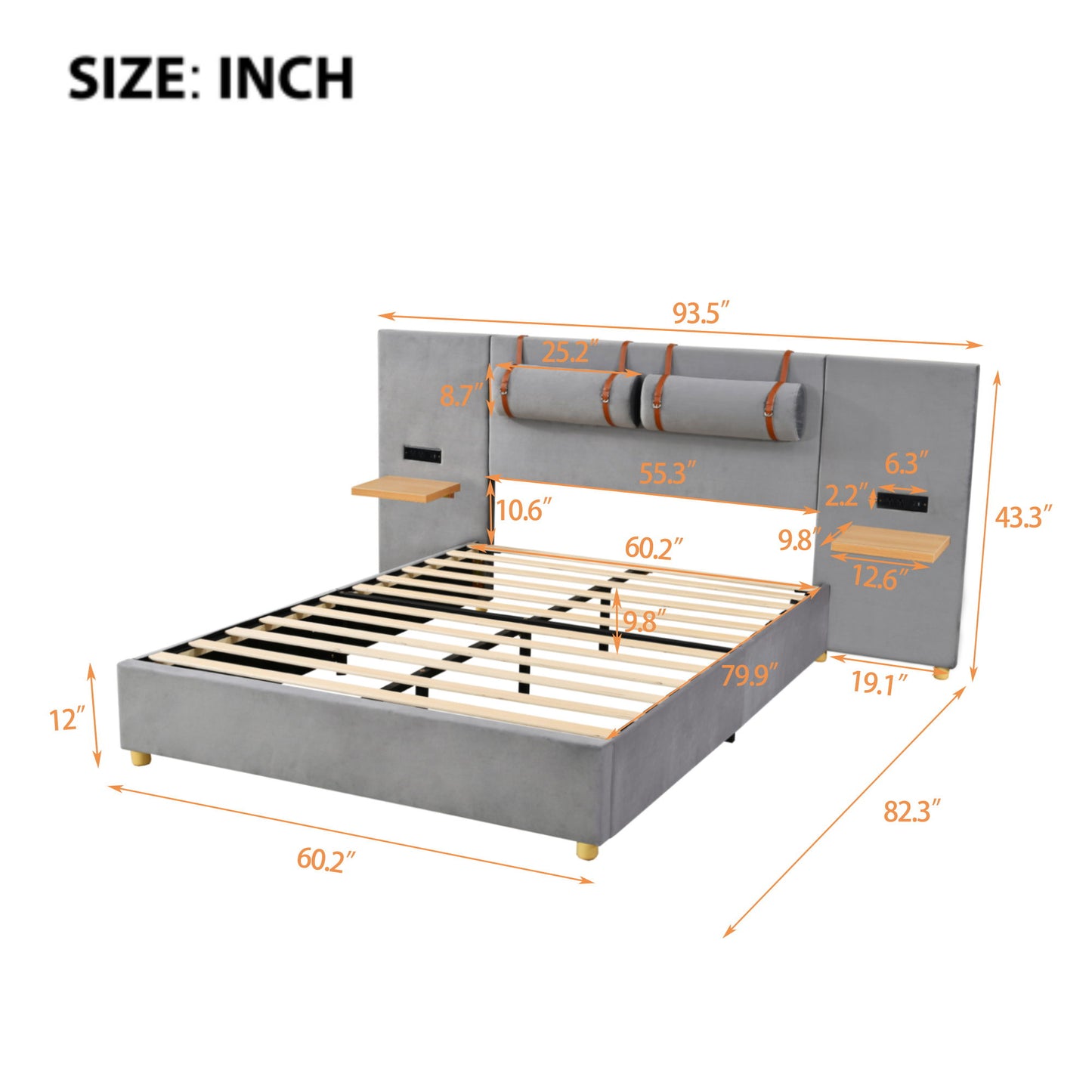 Upholstered Platform Bed, 2 Outlets And USB Charging Ports On Both Sides, 2 Bedside Pillows, Storage Shelves