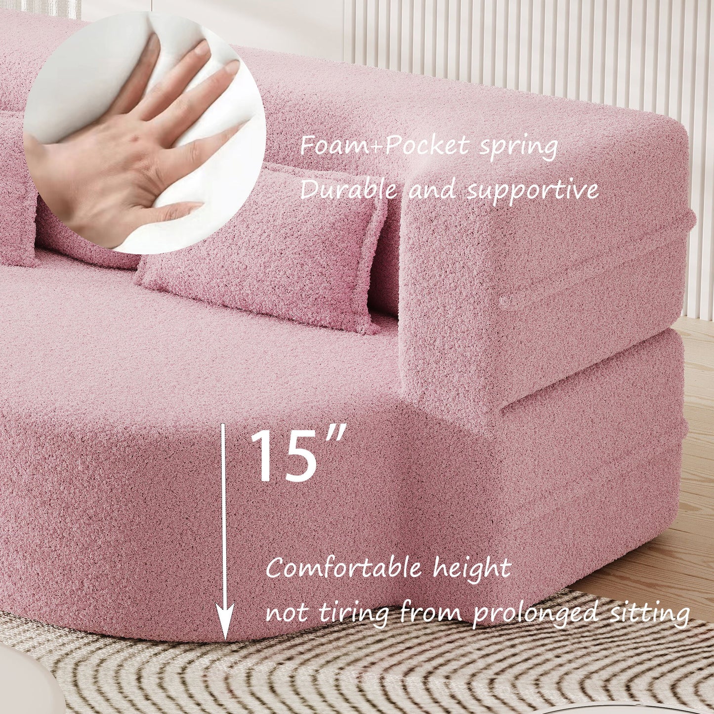 Modern Floor Sofa, With 2 Pillows, Convertible Teddy Fabric Foam Filled Bed