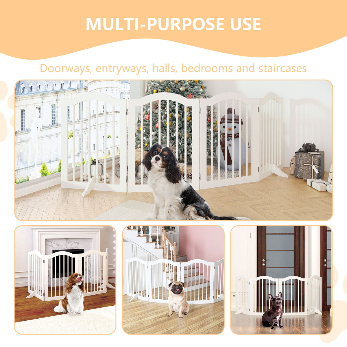 4 Panel Freestanding Pet Gate With Foldable Design And Support Feet - White