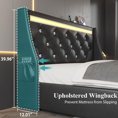 Wingback Upholstered Bed Frame With LED Lights, Charging Station
