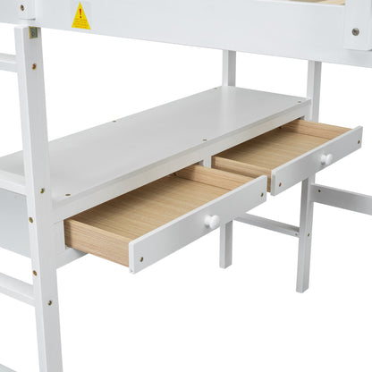 Full Size Loft Bed With Built In Desk, 2 Drawers, Storage Shelves - White