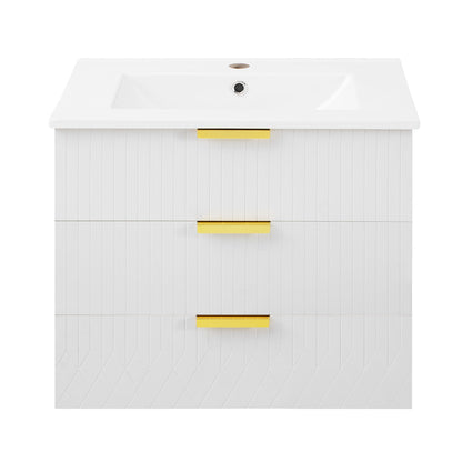 Wall Mounted Floating Cabinet With Double Drawer, Rectangular Sink
