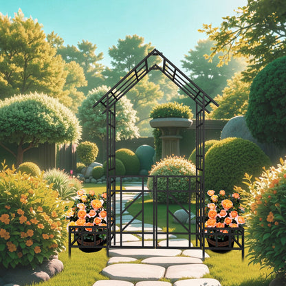 Garden Arch With Gate With Planter, Climbing Plants Support Outdoor - Black