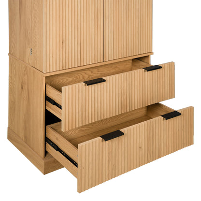 Fluted Kitchen Pantry Cabinet With 2 Large Drawers & 8 Door Spice Rack Freestanding Storage Organizer - Oak