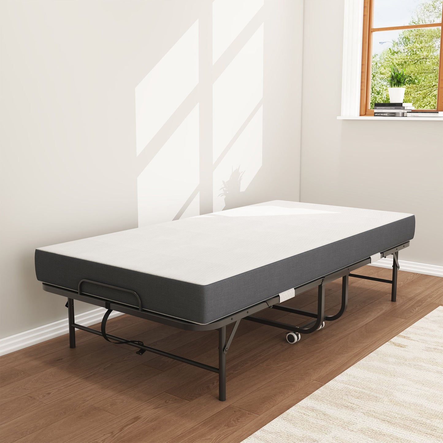 Twin Extra Long Folding Bed For Tall People, Heavy-Duty Rollaway Guest With Memory Foam Mattress - Black